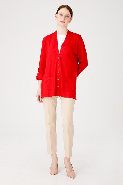 Desen Triko Women's V-Neck Long Sleeve Pocket Buttoned Combed Cotton Jacket Red