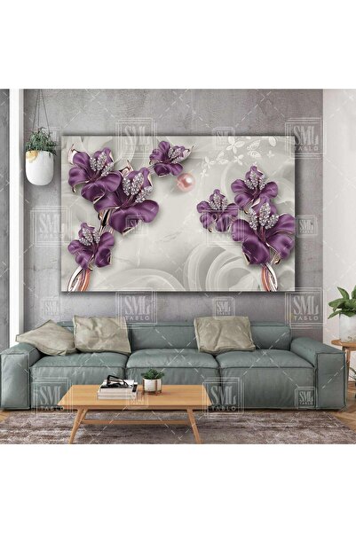 SML TABLO Pırlanta Açmış Mor Çiçek İnci Modern Dekor Yatay Kanvas Tablo