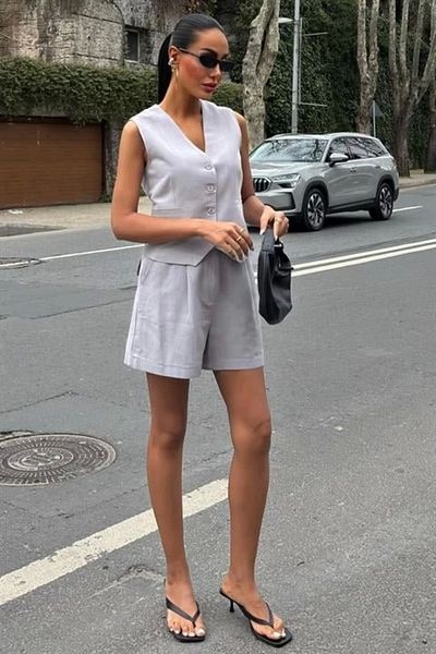 Butik Vest Shorts Flared Linen Suit 10133-17