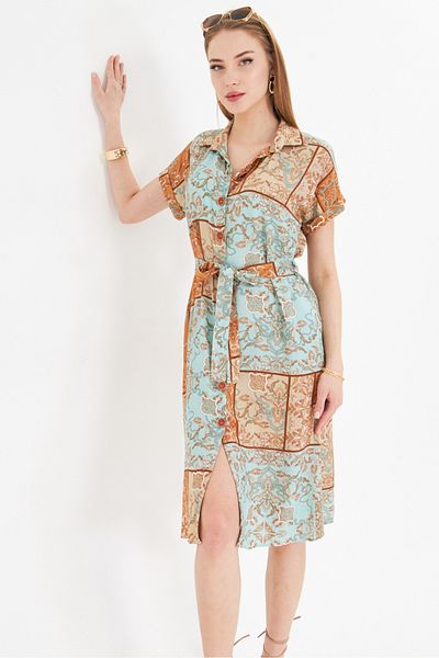 armonika Women's Turquoise Patterned Short Sleeve Shirt Dress with Belted Waist Arm-22Y 001007