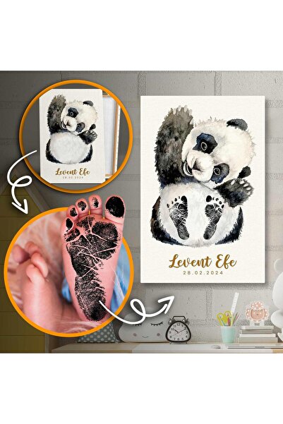 SML TABLO Şirin Panda Bebek Ayak İzi Seti İsimli ve Tarihli Yeni Doğan Hatıra...