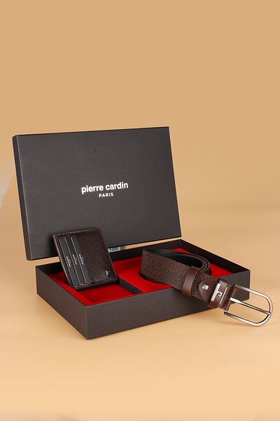 Pierre Cardin -Set 1- 100% Genuine Leather Special Gift Boxed Groom Belt Wallet Dowry Set Flotur Kahv