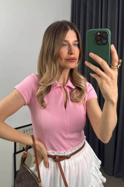 Sue Store Πουκάμισο Dusty Pink με γιακά με φερμουάρ και λεπτομέρεια ραφής