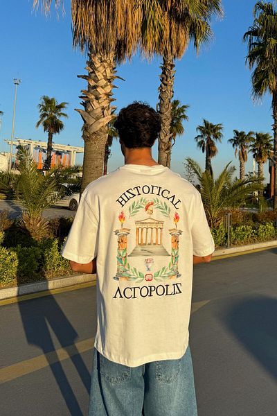 Flaw Wear Acropolis Embroidered Ecru Oversize T-Shirt