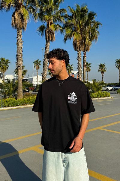 Flaw Wear Staying Alive Embroidered Black T-Shirt