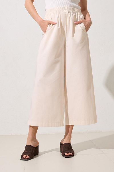 Setre Cream 100% Cotton Relaxed Cut Trousers with Elastic Waist and Pocket Detail