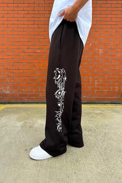 Flaw Wear Tribal Embroidery Detail Adjustable Leg Brown Sweatpants
