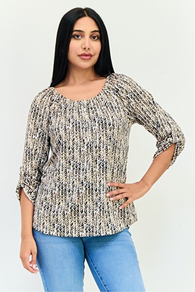 Notations Women Round Neck All Over Print Blouse, Multicolor