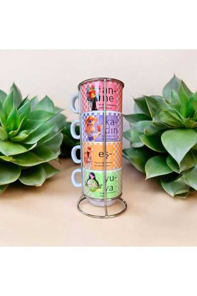 VRHediye Special 4-Piece Tea / Coffee Cup Set with Stand for Mother's Day - Mother, Wife, Woman, Nest