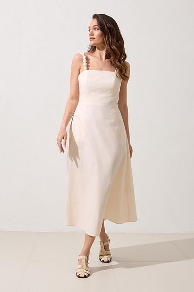 Setre Cream Strap Detailed Waist Fitted Full Fit Relaxed Cut Cotton Dress