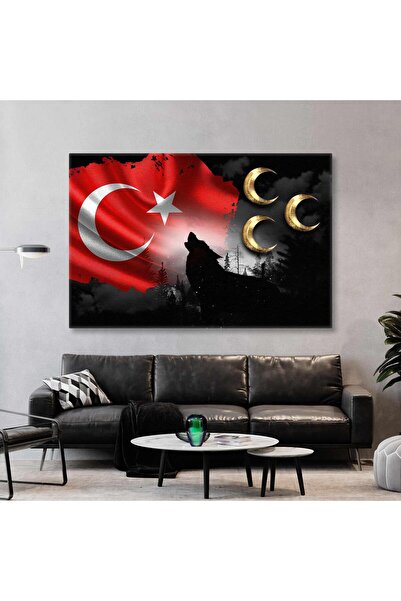 SML TABLO Kurt Asil Türk Bayrağı Gold Ay Yatay Kanvas Tablo