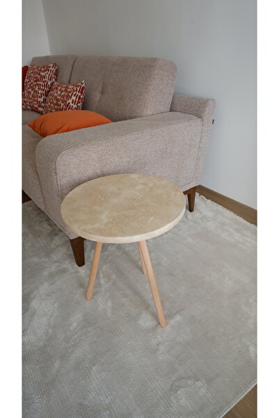 MKM Gerçek Traverten Sehpa - Bej Ahşap Ayaklı