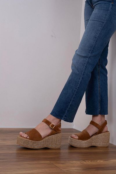 sovrana Real Leather Wedge Heel Sandals Tan Suede