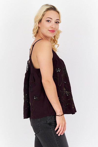 PROMOD Women V Neck Sleeveless Textured Tank Top, Dark Purple