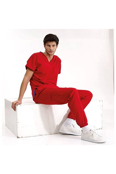 ÇİZGİ MEDİKAL KIRMIZI Jogger Scrubs Lüks Likralı Greys Takım