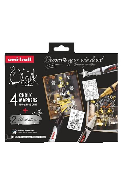 UNİ-BALL Set of 4 chalk markers Christmas Edition glass decoration with 2 UNI Scandinavian stencils