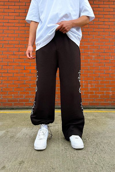 Flaw Wear Tribal Embroidery Detail Adjustable Leg Brown Sweatpants