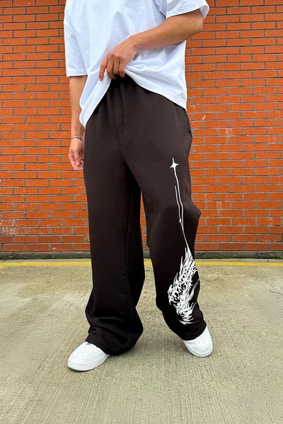 Flaw Wear Lightning Print Detail Brown Sweatpants