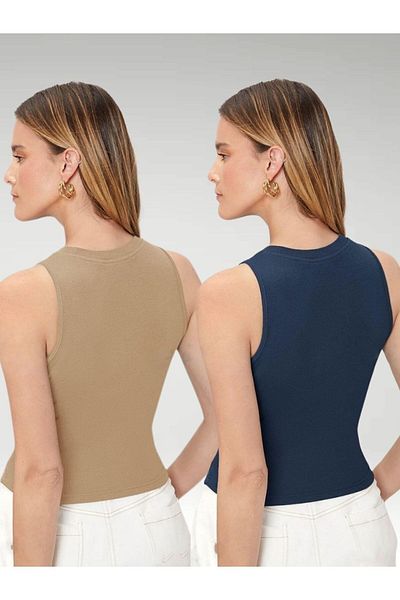 Trendseninle Women's Navy Blue Mink Crew Neck Zero Sleeve Body Undershirt Set of 2