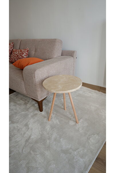 MKM Gerçek Traverten Sehpa - Bej Ahşap Ayaklı