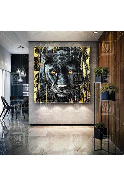 SML TABLO Tablou pătrat pe pânză cu aspect dur Jaguar Animal Decor cu detalii aurii