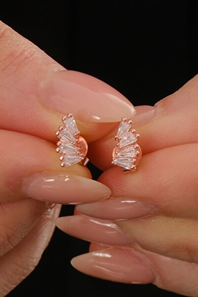 Söğütlü Silver Gümüş rose dörtlü baget kesim zirkon taşlı küpe SGTL12848ROSE