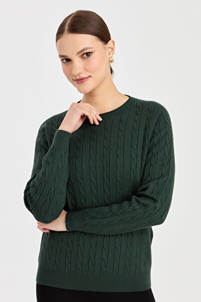 Desen Triko Pulover împletit de damă cu decolteu rotund, verde