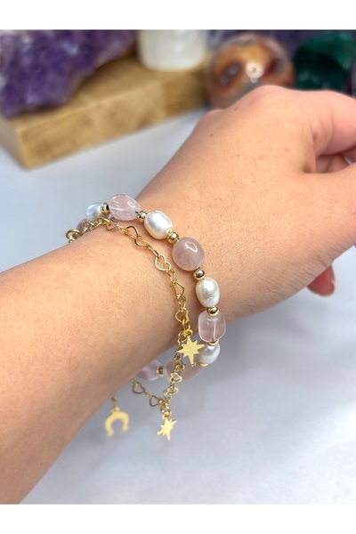 kuartz İnci pembe kuvars bileklik. sertifikalı doğal taş