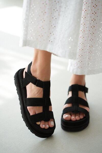 selin shoes Phoy Double Stripe Velcro Λεπτομερή γυναικεία σανδάλια - ΜΑΥΡΟ