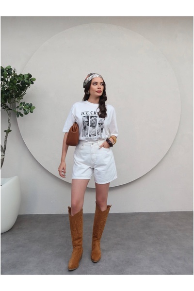 ESRAHELVACI Ekru Denim Bermuda Şort