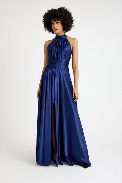SpringStore Rochie de seară din satin cu talie bleumarin