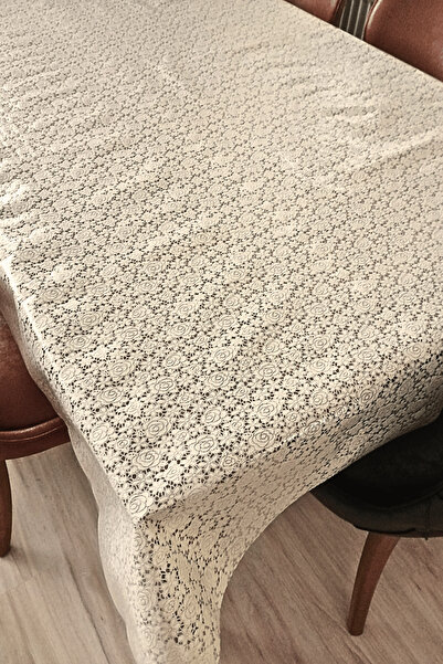 ELEGANCEV مفرش طاولة من القماش الزيتي ذو مظهر دانتيل - لون كريمي - زهور - مقاسات مختلفة