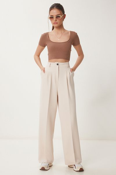Lovelyİstanbul Pocketed Woven Palazzo Pants Cream Lhg0003