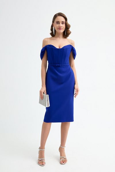 Lafaba Women's Saks Corset Detailed Midi Pencil Evening Dress