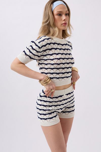 Black Fashion Openwork Knit Detail Navy Blue White Shorts