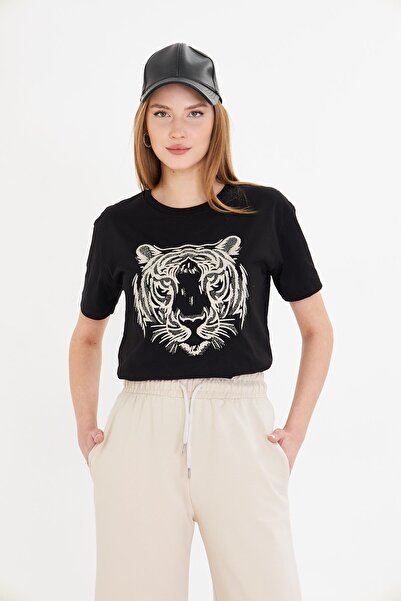 TIFFANY&TOMATO Kaplan Baskılı Taşlı T-Shirt