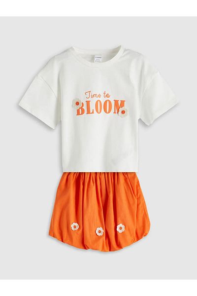 LC Waikiki Lcw Kids Ecru Floral Girl's T-Shirt and Shorts 2-Pack