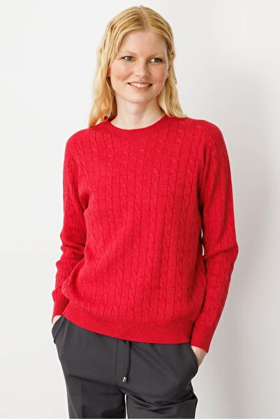 Desen Triko Women's Crew Neck Braided Sweater Red