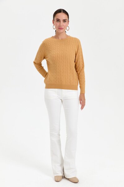 Desen Triko Camel Color Women's Sweater - Zero Collar and Hair Braid