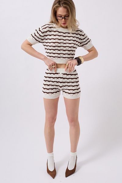 Black Fashion Openwork Knit Detail Brown White Shorts