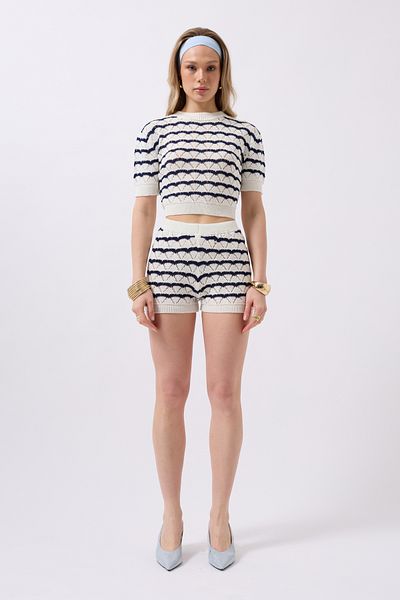 Black Fashion Openwork Knit Detail Navy Blue White Shorts