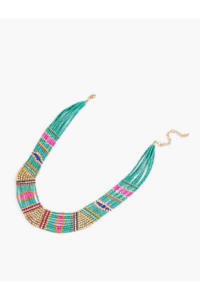 Koton Glass Beaded Ethnic Detailed Ribbon Necklace Multicolor