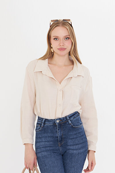 THIFF GYMWEAR Kadın Bej Oversize Basic Cepli Müslin Gömlek