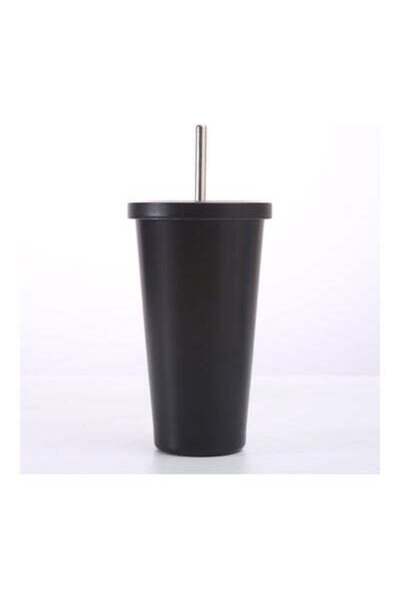 HALAMODO كوب قهوة معزول من الفولاذ المقاوم للصدأ مع غطاء وقشة باللون الأسود