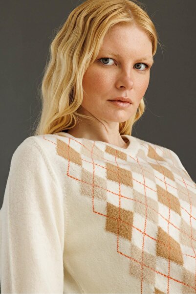 Desen Triko Women's V-Neck Diamond Wool Sweater Bone