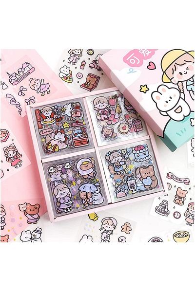 fulina 100 Sheets Stickers Set,Transparent Cartoon Character Animal Flower Decorative Scrapbook Sticker