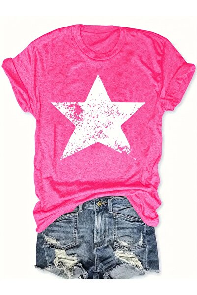 LAND MODA Tricou cu imprimeu cu stele mărime mare, tricou casual cu mânecă sc...