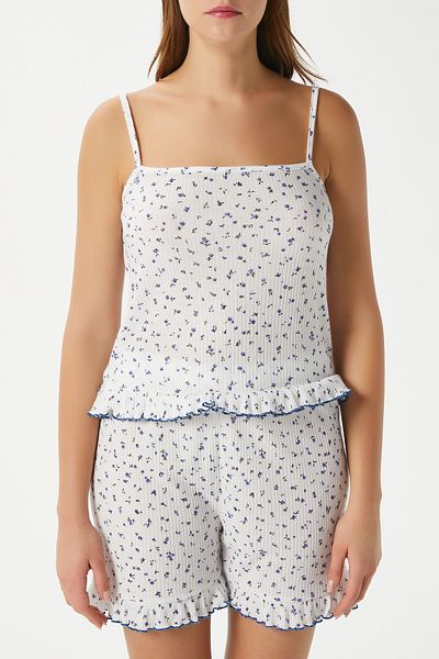 Ritnice Set de pijamale Paula pentru damă, cu bretele albastre cu volane