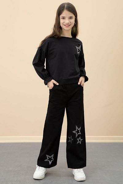 Cansın Mini Black Sequined Star Patterned Badi Girl's Trousers 2 Piece Set 20682