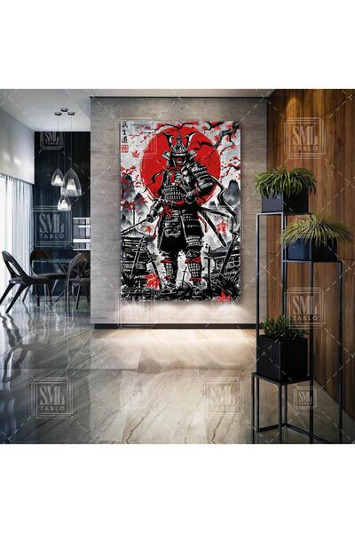 SML TABLO Uzak Doğu Kırmızı Ay ve Kılıç Samuray Kılıcı Ejderha Dikey Kanvas T...